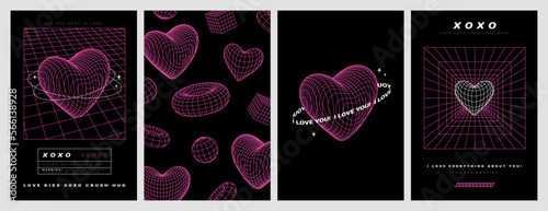Geometry wireframe shapes and grids in neon pink color. 3D heart, abstract background, pattern, cyberpunk elements in trendy psychedelic rave style. 00s Y2k retro futuristic aesthetic. Love concept.
