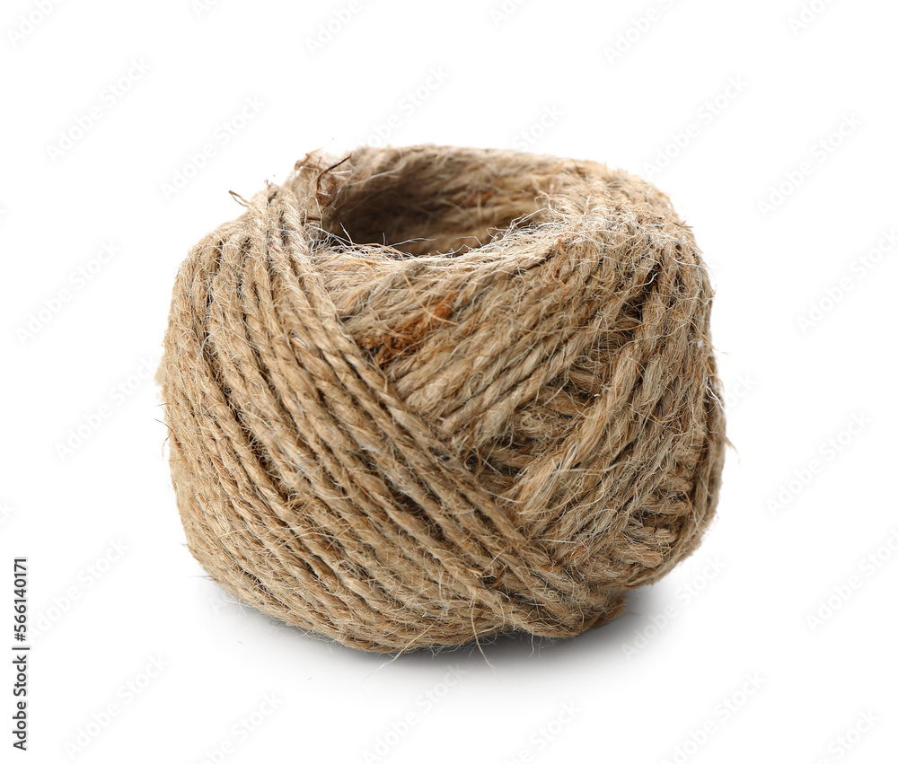 Roll of jute rope on white background