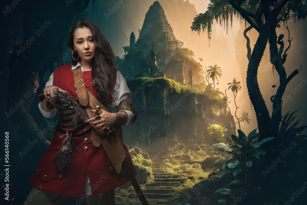 Φωτογραφία Shot of culry haired pirate woman in search of treasure on tropical island