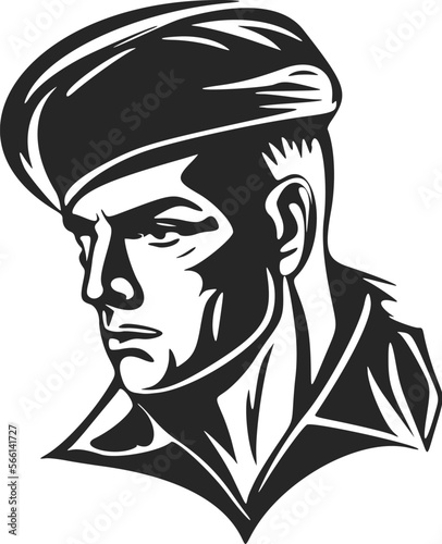 Black and white elegant logo depicting a military man.