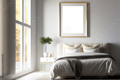 Mockup vertical frame bedroom home interior elegant luxury furnishing, white and gold colors, bed with cushion. Generative AI 3D render © fabioderby