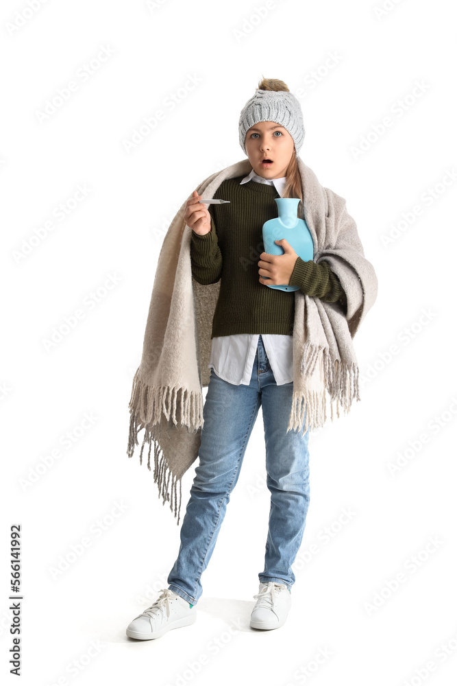 Shocked ill girl with thermometer and hot water bottle on white background Shocked ill girl with thermometer and hot water bottle on white background