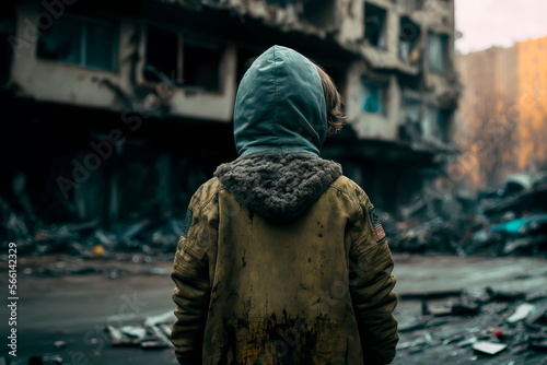 A child stands on the street in a  jacket and looks with his back at his destroyed house Generative AI photo
