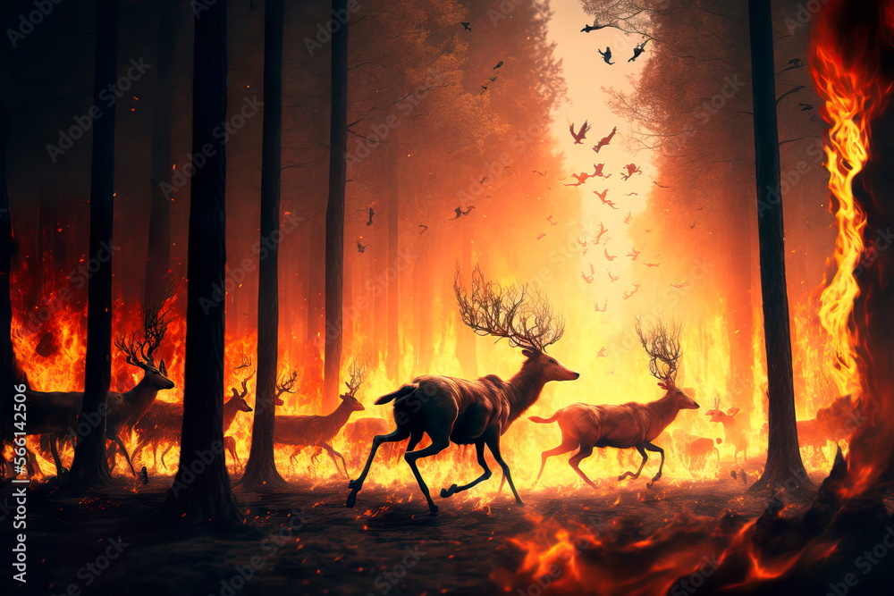 Fototapeta premium Animals run away from forest fire. Natural disasters Generative AI