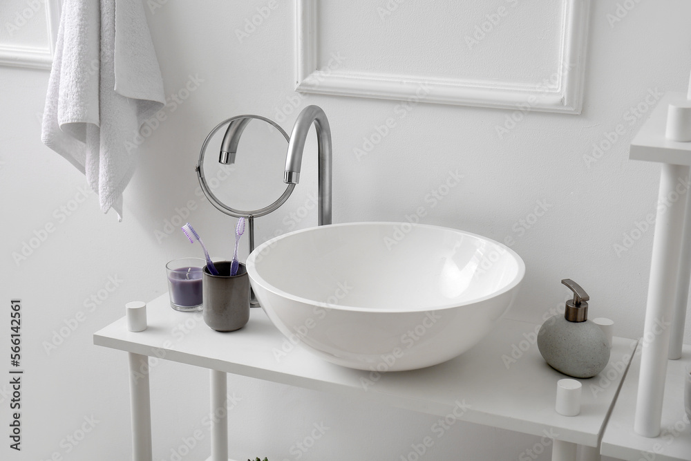 Fototapeta premium Modern sink in interior of stylish bathroom, closeup