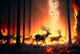 Animals run away from forest fire. Natural disasters Generative AI