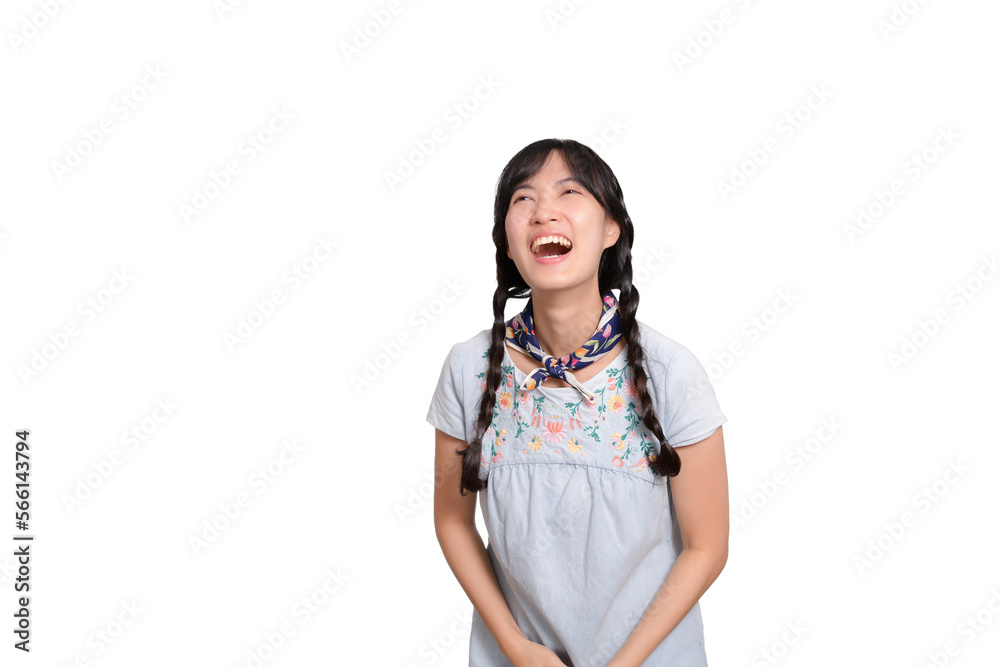 Portrait of beautiful happy young asian woman in denim dress on white background. Portrait of beautiful happy young asian woman in denim dress on white background.
