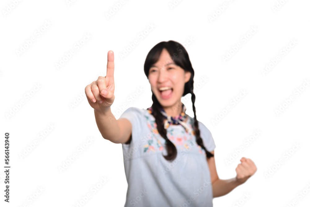 Portrait of beautiful happy young asian woman in denim dress touching invisible screen on white background. Portrait of beautiful happy young asian woman in denim dress touching invisible screen on white background.
