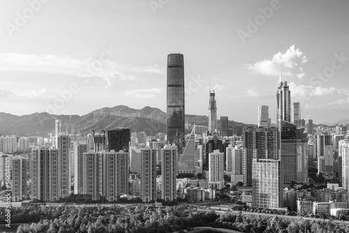 Skyline of downtwon district of Shenzhen city  China. Viewed from Hong Kong border