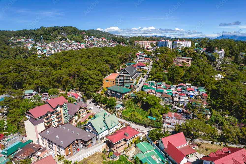 Baguio City, Philippines - Aerial of hotels and residential areas near Mines view park.