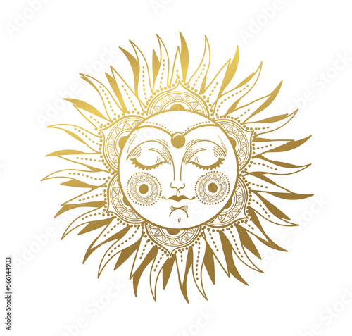 Mystical sun drawing with face, golden magical astrology symbol, celestial mythological illustration, vector hand drawing isolated on white. Witch tattoo, boho sticker.
