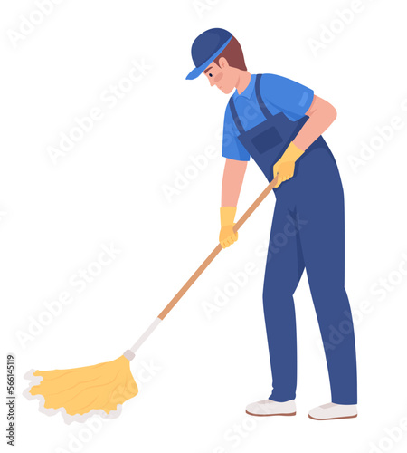 Male janitor properly mopping floor semi flat color vector character. Cleaner. Editable figure. Full body person on white. Simple cartoon style illustration for web graphic design and animation