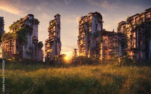The last remains of us. The post-apocalyptic view of the ruins of a destroyed city overgrown by plants. Generative AI