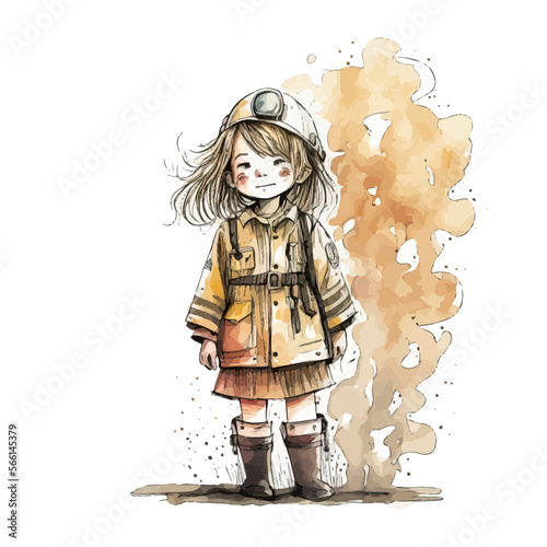 Sweet little girl in fireman outfit. Vector illustration of firefighter uniform and helmet. Perfect for conveying courage, bravery, and heroism.