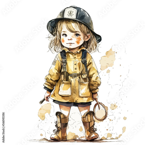 Adorable little girl dressed in a fireman's uniform and helmet. Perfect vector image for creative designs and captivating stories.