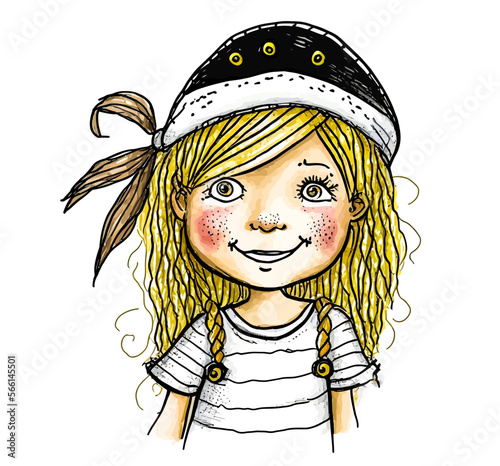 Tableau sur toile Adorable young girl pirate with sailor costume