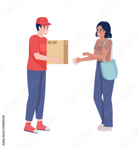 Smiling courier giving cardboard parcel to woman semi flat color vector characters. Editable figures. Full body people on white. Simple cartoon style illustration for web graphic design and animation