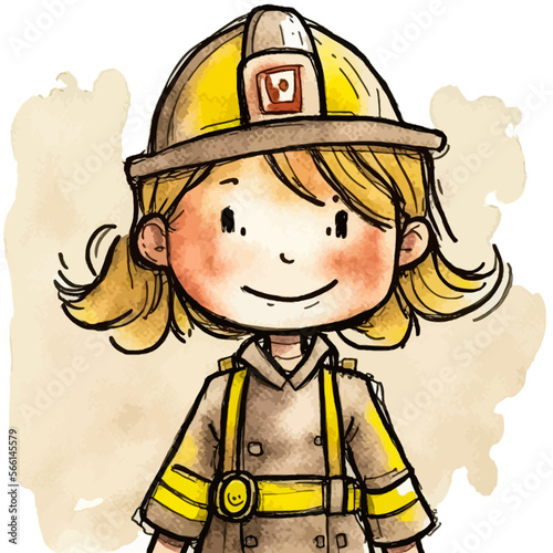 Illustration showing a bold little girl in her firefighting uniform and helmet, conveying strength and courage. Perfect for designs that need an uplifting feel.