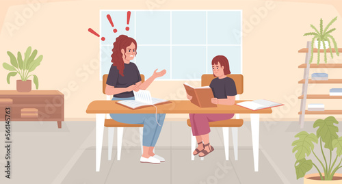 Yelling at child about poor performance flat color vector illustration. Mother nagging daughter over homework. Fully editable 2D simple cartoon characters with living room interior on background