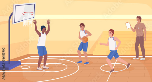 Workout and exercise class flat color vector illustration. Physical education. Athletic boys playing basketball in team. Fully editable 2D simple cartoon characters with gym on background