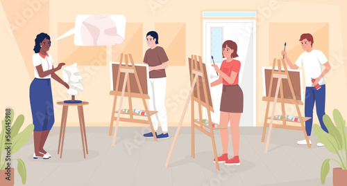 Art education in school flat color vector illustration. Teacher instructing students about human features realistic drawing. Fully editable 2D simple cartoon characters with classroom on background