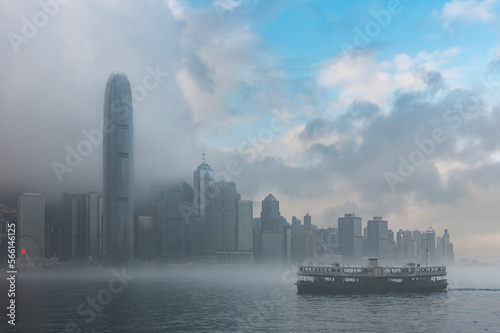 Scenery of Victoria Harbour of Hong Kong city in fog