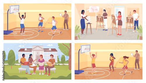 Spending school week flat color vector illustration set. Study during break, classes. Fully editable 2D simple cartoon characters pack with art classroom, gym and school building on background