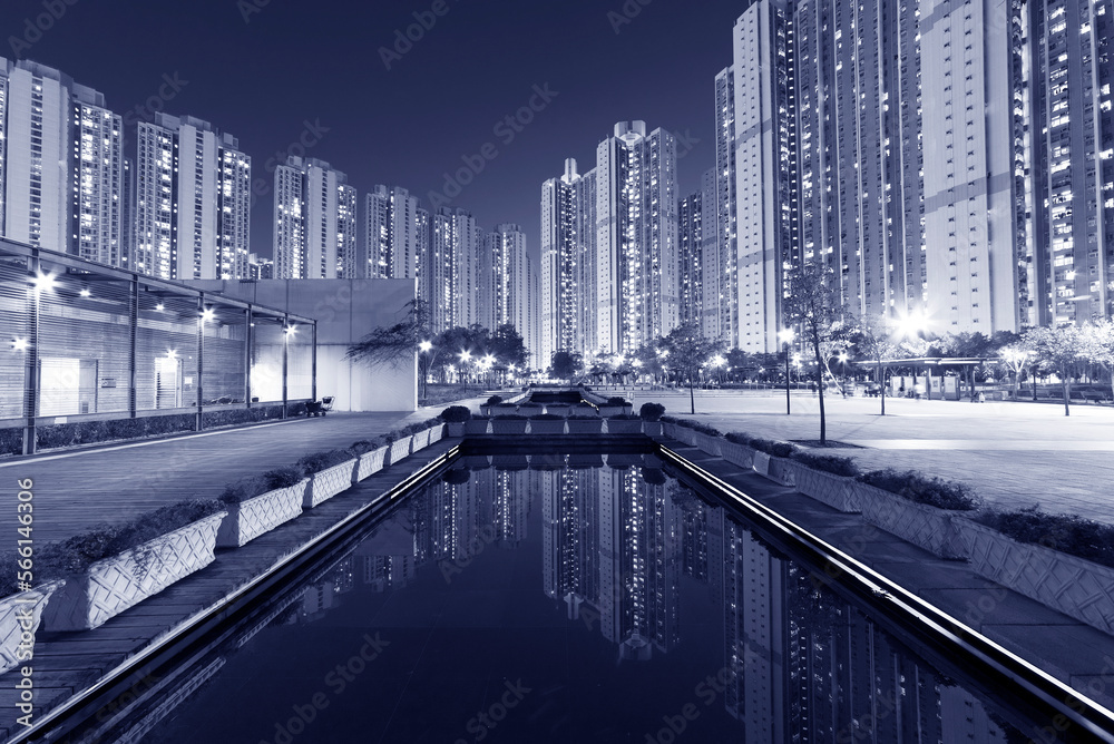 High rise residential building and park in public estate in Hong Kong at night
