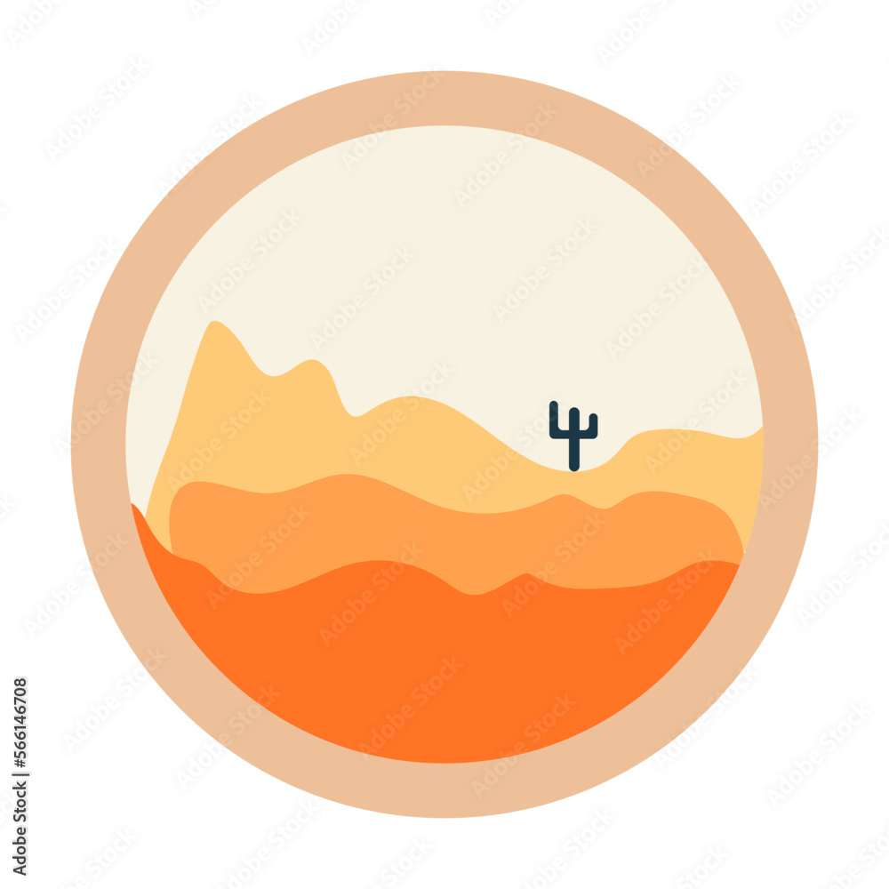 Flat abstract icon, sticker, button with desert, sun, cactuses. Flat abstract icon, sticker, button with desert, sun, cactuses.
