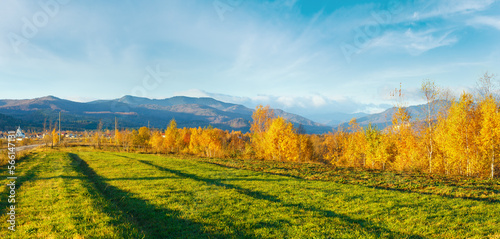 Morning Carpathian mountain autumn panorama.