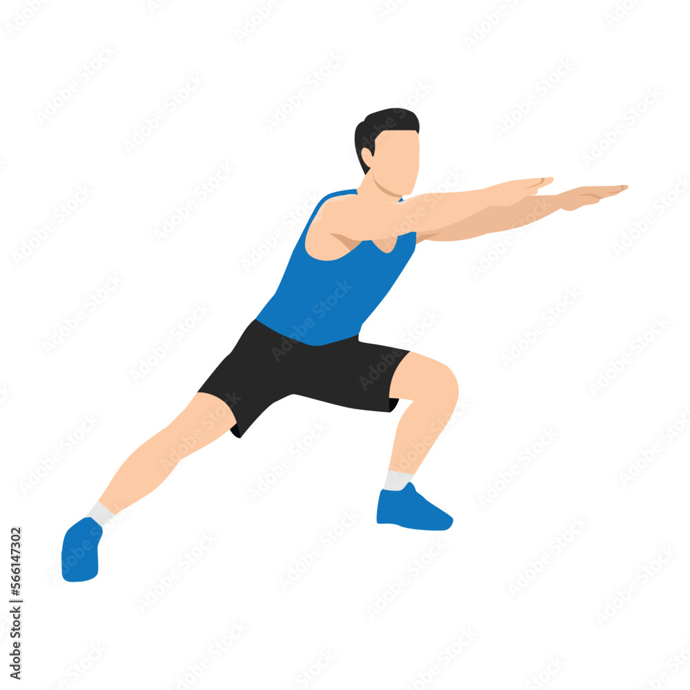 Man warming up legs before jogging hands in the front. Flat vector illustration isolated on white background