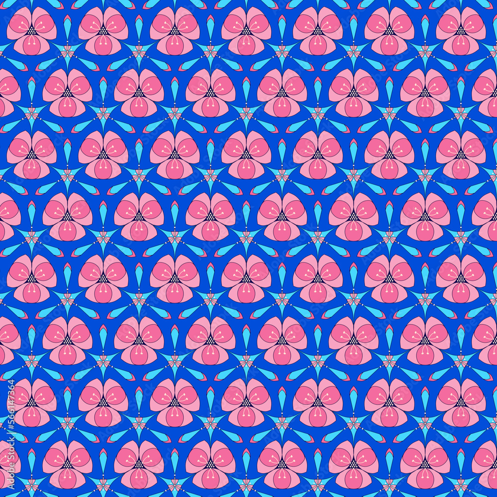 Abstract geometric mosaic pattern of pink stylized floral motifs on a bright blue background