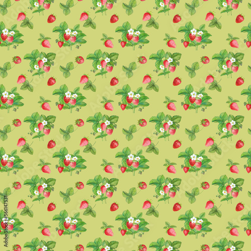 Seamless pattern with red strawberries on a green background. Watercolor illustration for textile, wrapping paper. Bright background with farm ripe berries.
