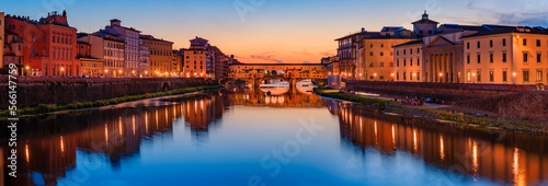 Famous Ponte Vecchio bridge on the river Arno River at sunset  Florence  Italy