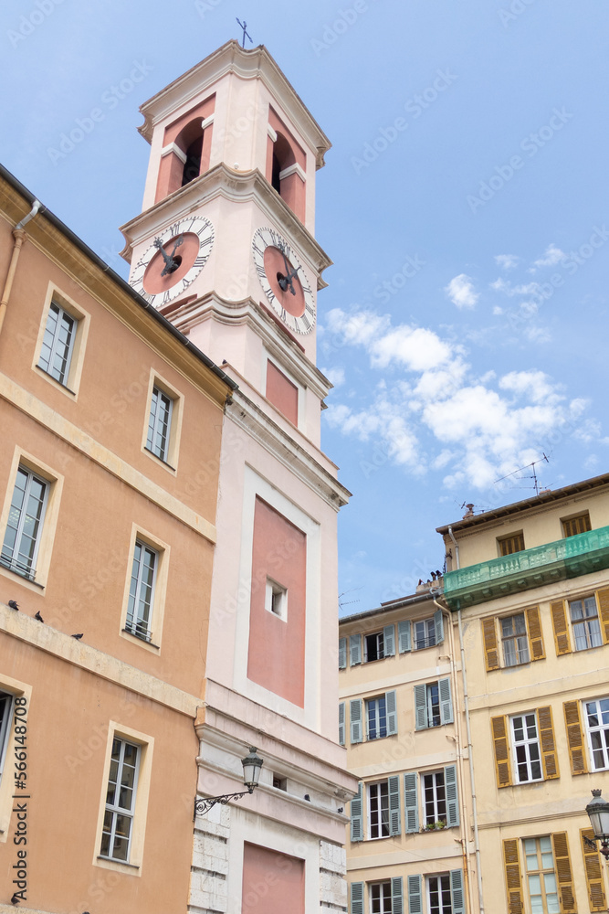 Nice colorful street architecture and tower view Cote d'Azur in France of French riviera