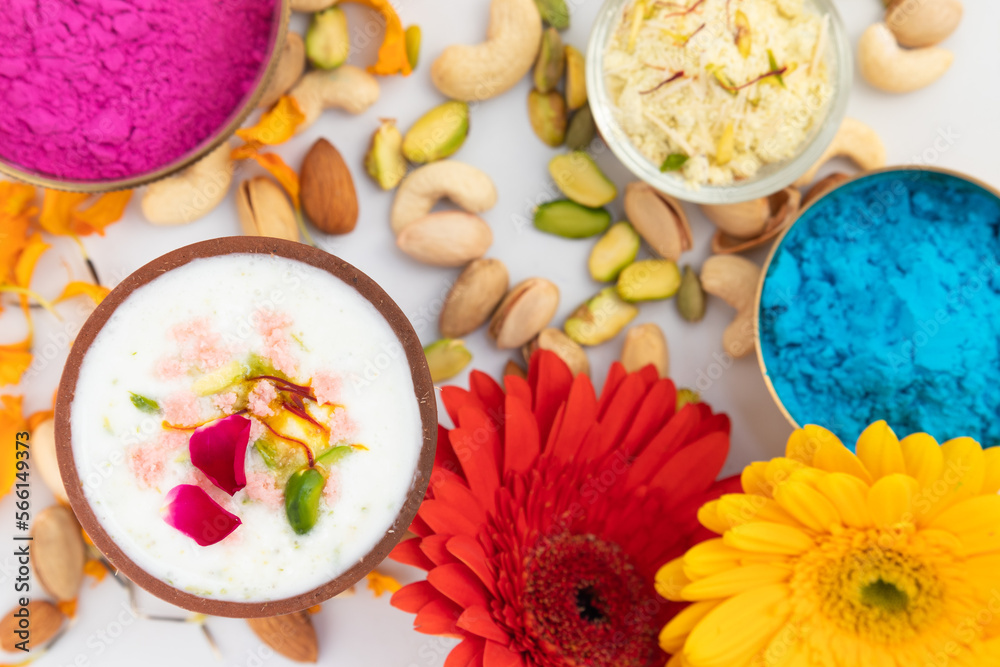 Kesar Badam Thandai Prepared With Fennel Seeds, Dry Fruits, Cardamom, Bhang, Badam, Kaju, Pista, Saffron, Kesar, Spices, Beverages Is Enjoyed On Holi, Mahashivratri, Holla mahalla, Diwali Festival Kesar Badam Thandai Prepared With Fennel Seeds, Dry Fruits, Cardamom, Bhang, Badam, Kaju, Pista, Saffron, Kesar, Spices, Beverages Is Enjoyed On Holi, Mahashivratri, Holla mahalla, Diwali Festival