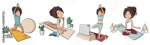 Girl with dark curly hair taking yoga practice. Training and healthy lifestyle. Relax, mindfulness, meditation. Every day life. Happiness in every moment. Active lifestyle. Daily routine