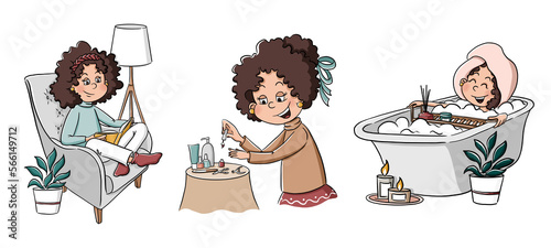 Woman with dark coloured curly hair reading book sitting in armchair, taking bath, make manicure. Hygge style. Happiness in every moment of life. Active lifestyle. Daily routine in cartoon style