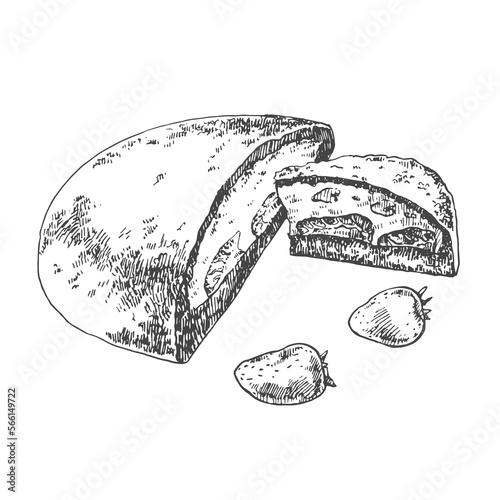 Hand drawn vector maulwurftorte illustration. German traditional mole cake with chocolate crumb filled with cream, strawberry and bananas. Design sweet template for menu, ad, label