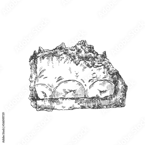 Hand drawn vector maulwurftorte illustration. German traditional mole cake with chocolate crumb filled with cream, strawberry and bananas. Design sweet template for menu, ad, label