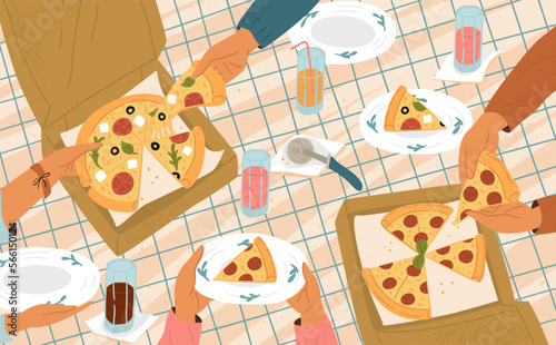 Friends eating pizza at restaurant vector scene