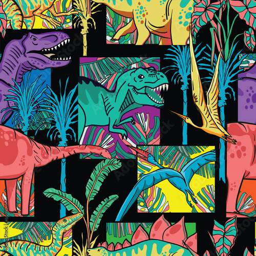Seamless  bright Dino pattern, print for T-shirts, textiles, wrapping paper, web. Original design with t-rex, dinosaur.  grunge design for boys and girls