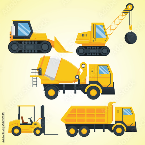 vector construction icons set bulldozer machinery truckload crane excavator mixer