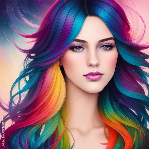Beautiful woman with colourful hair and watercolour style made with Generative AI