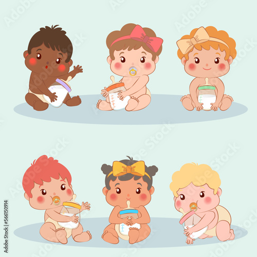 Adorable babies of different looks holding milk bottles