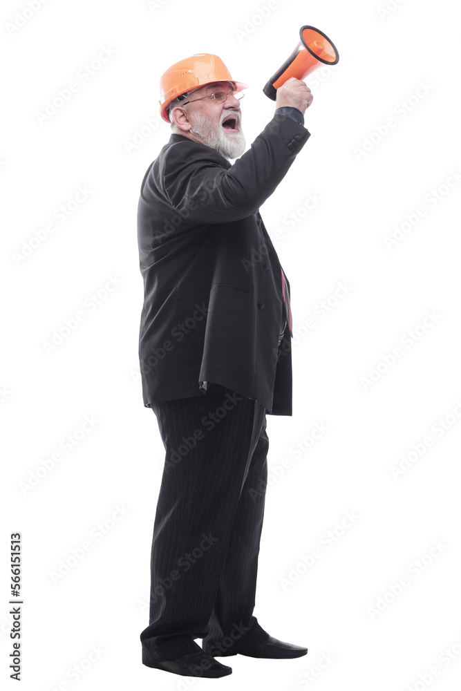 Mature architect making an announcement through a megaphone Mature architect making an announcement through a megaphone
