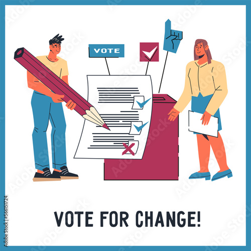 Vote campaign, public referendum and state elections banner or poster design, flat vector illustration. Political rally and voting banner or poster, placard template.