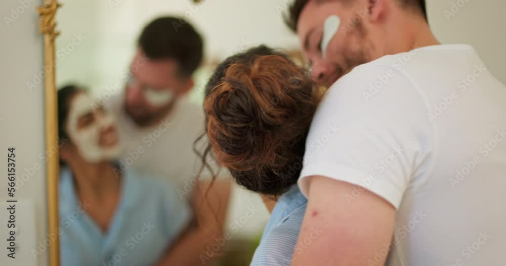 Happy couple, face mask and skin care in home bathroom mirror with love, hug and support. Interracial man and woman do morning beauty routine with facial dermatology product for health and wellness Stock ビデオ | Adobe Stock