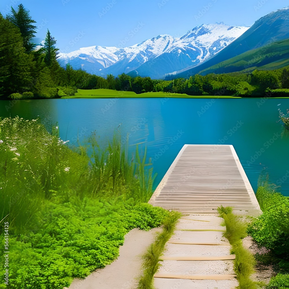 Beautiful colorful summer spring natural landscape with a lake in Park surrounded by green foliage of trees in sunlight and stone path in foreground,