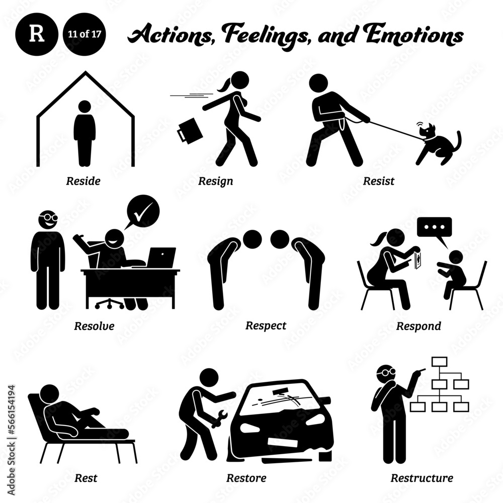 Stick figure human people man action, feelings, and emotions icons alphabet  M. Mend, mentor, merge, mewl, mess, migrate, mighty, methodize, milk, mime,  and mimic. Stock Vector